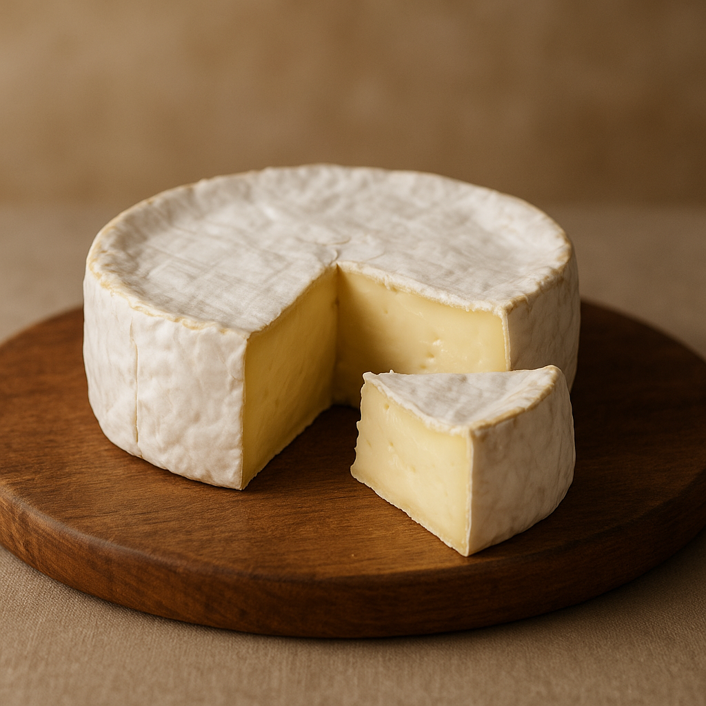 Creamy wheel of Brie cheese with a wedge cut out, on a wooden board