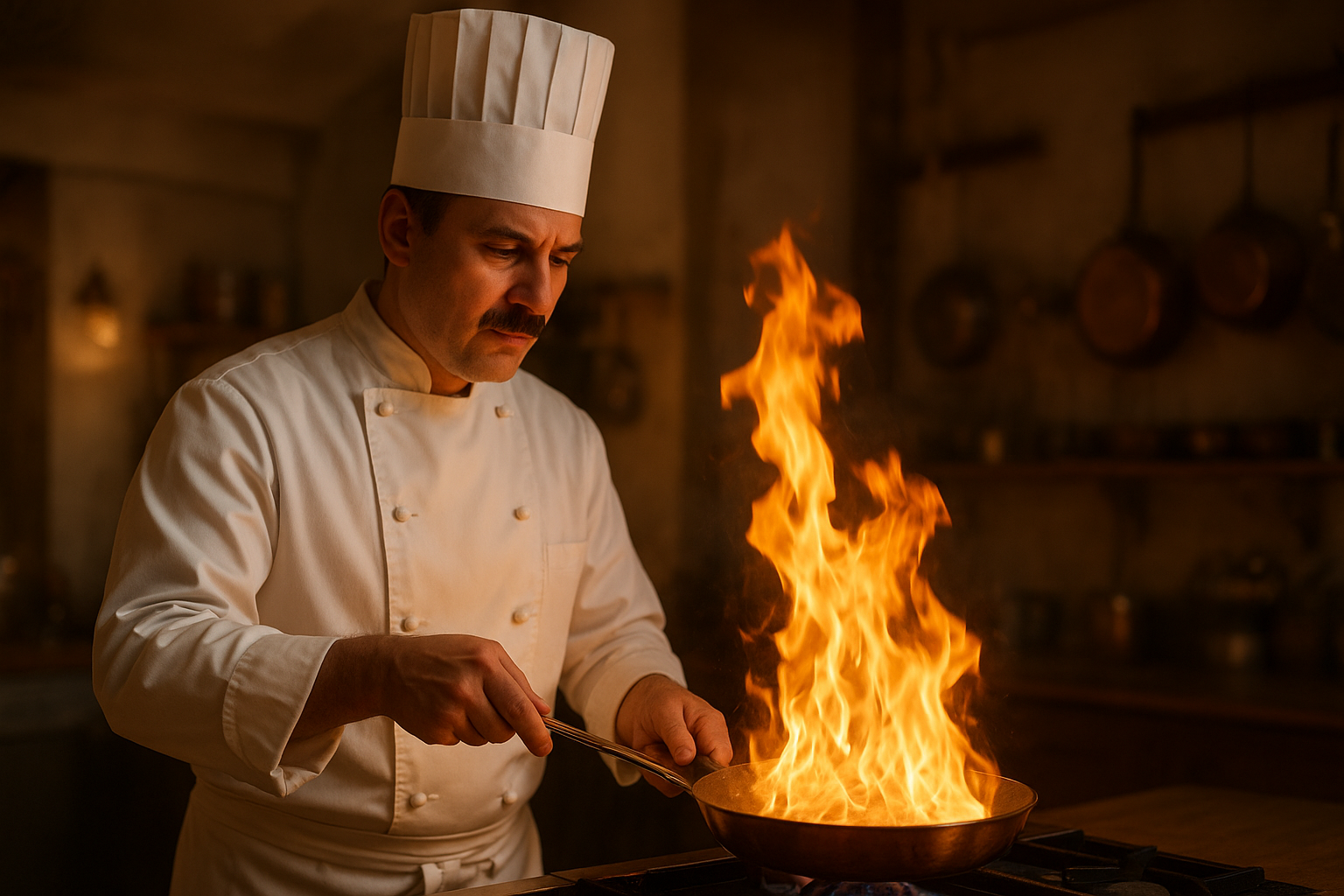 French chef in crisp white uniform expertly flambéing in a copper pan in a warmly lit bistro kitchen, flames rising dramatically