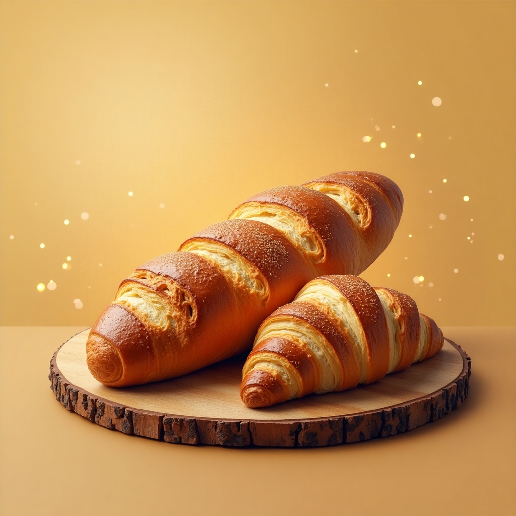 Icon of crusty golden baguette and flaky croissant on a wooden board, celebrating French baking