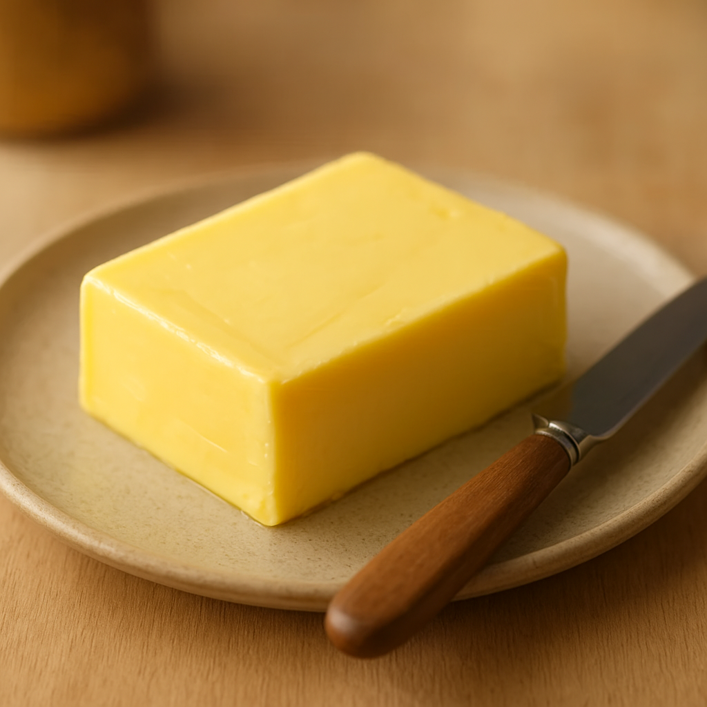Golden slab of French butter with a butter knife on a ceramic dish