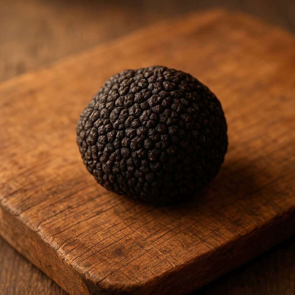 Black French truffle on a rustic cutting board