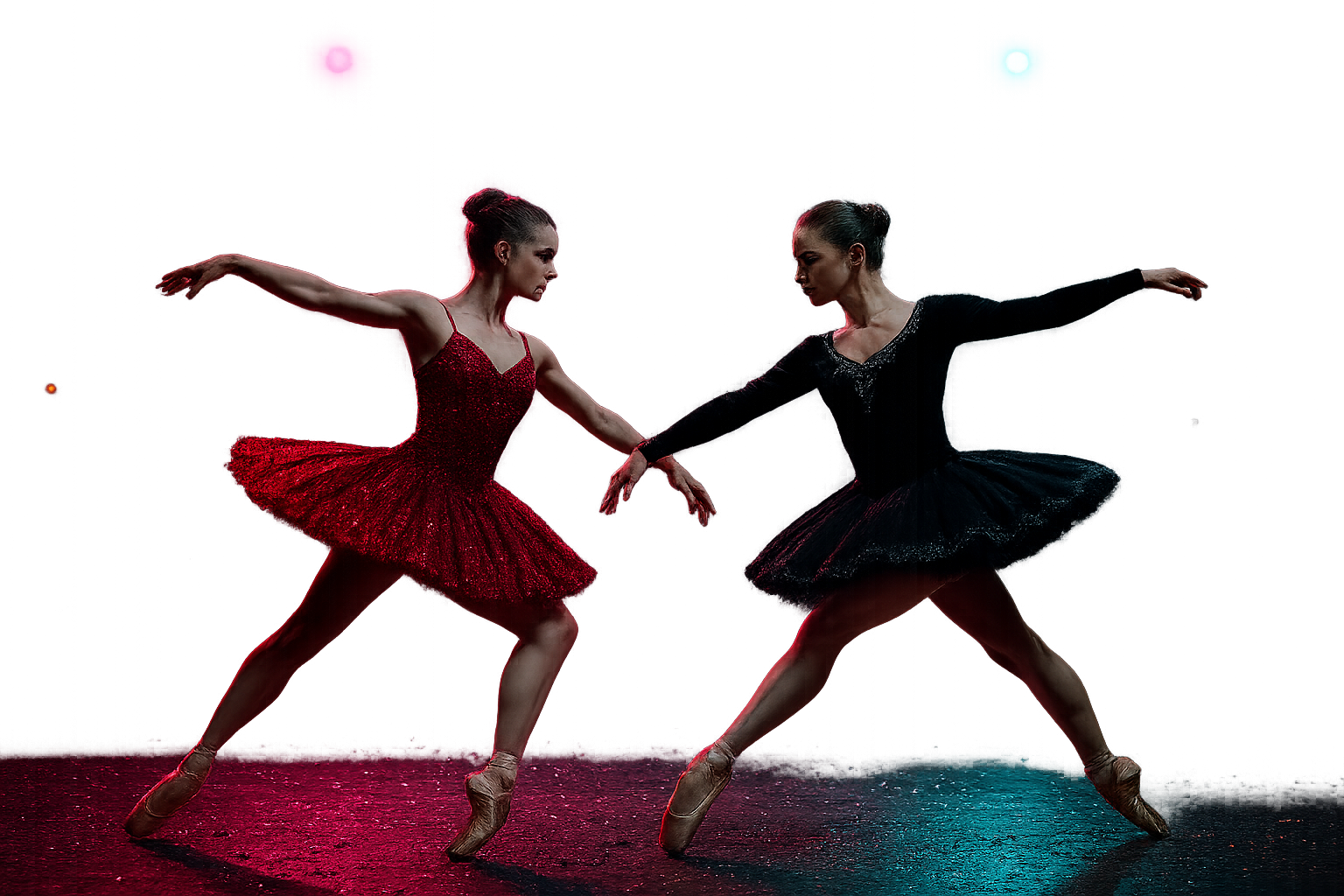 Cinematic neon stage still of two rival ballerinas in dramatic mid-spin faceoff under magenta and cyan spotlights, sequined costumes, smoky theater atmosphere, and a cheering crowd in soft blur