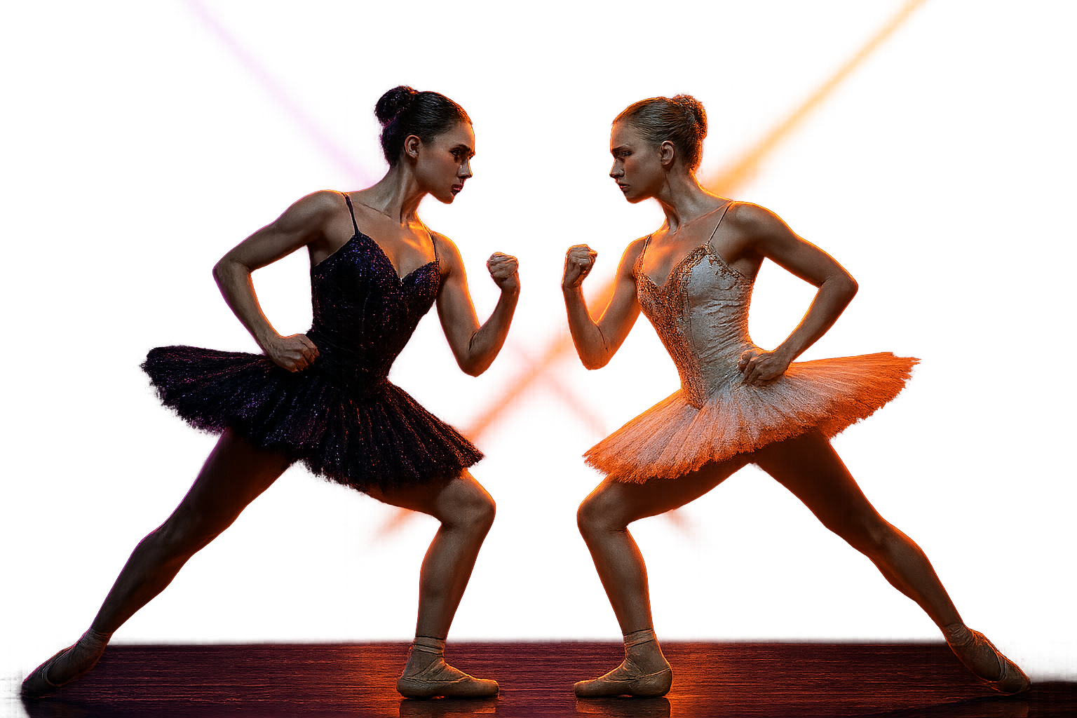 Realistic cinematic stage-performance faceoff between two rival ballerinas under neon violet and orange spotlights, dramatic haze, glossy floor reflections, and high-energy theatrical atmosphere