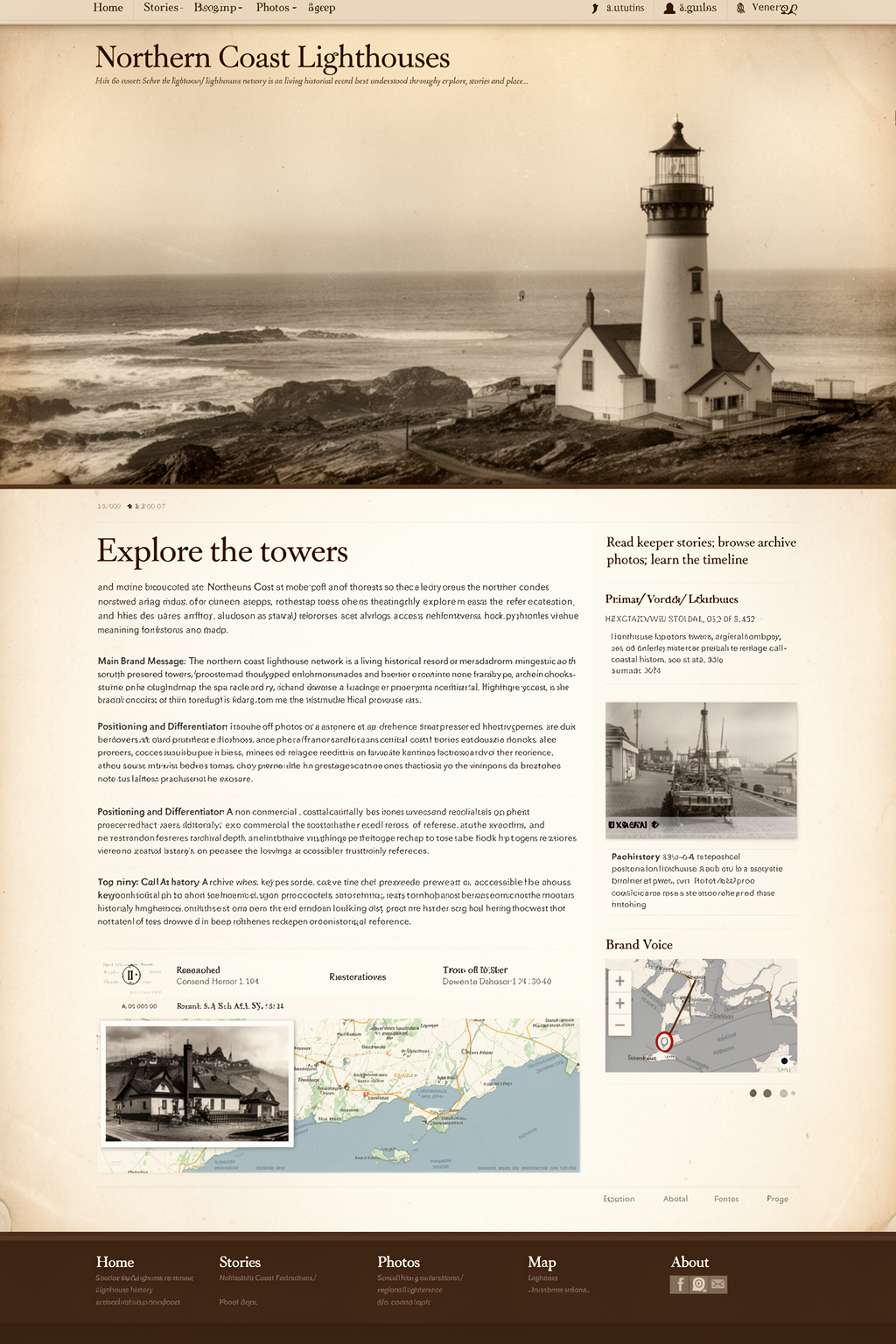 Archival still life of a lighthouse keeper desk with brass compass, logbook pages, and sepia photograph prints