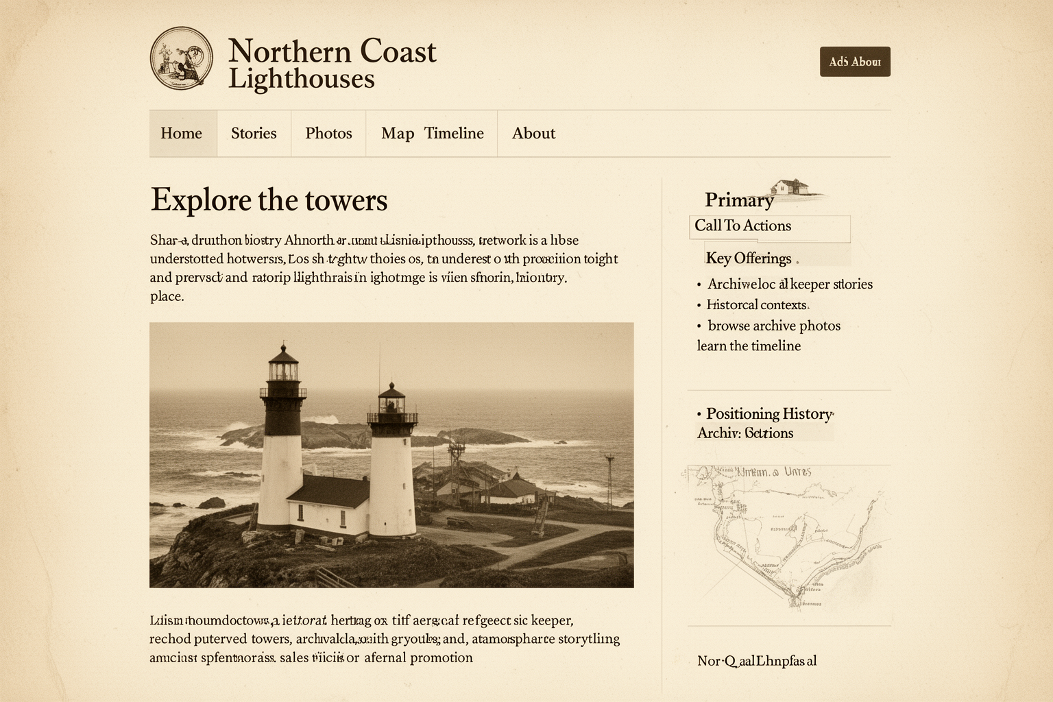 Preserved lighthouse on the northern coast at dusk with warm film-photography tones, sea mist, and weathered cliffs