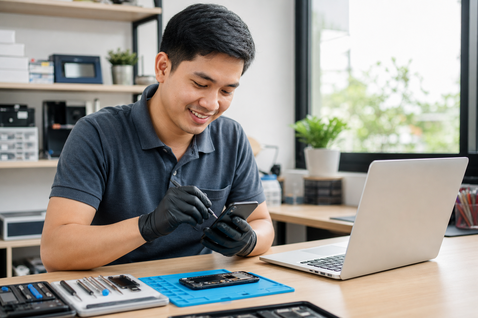 Friendly repair technician testing a smartphone beside an open laptop on a clean workbench