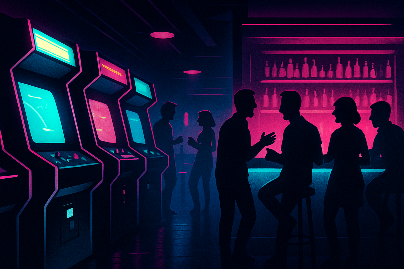 Stylized neon arcade interior with glowing retro cabinets, a lit bar counter, and groups of friends socializing in a moody nightlife atmosphere