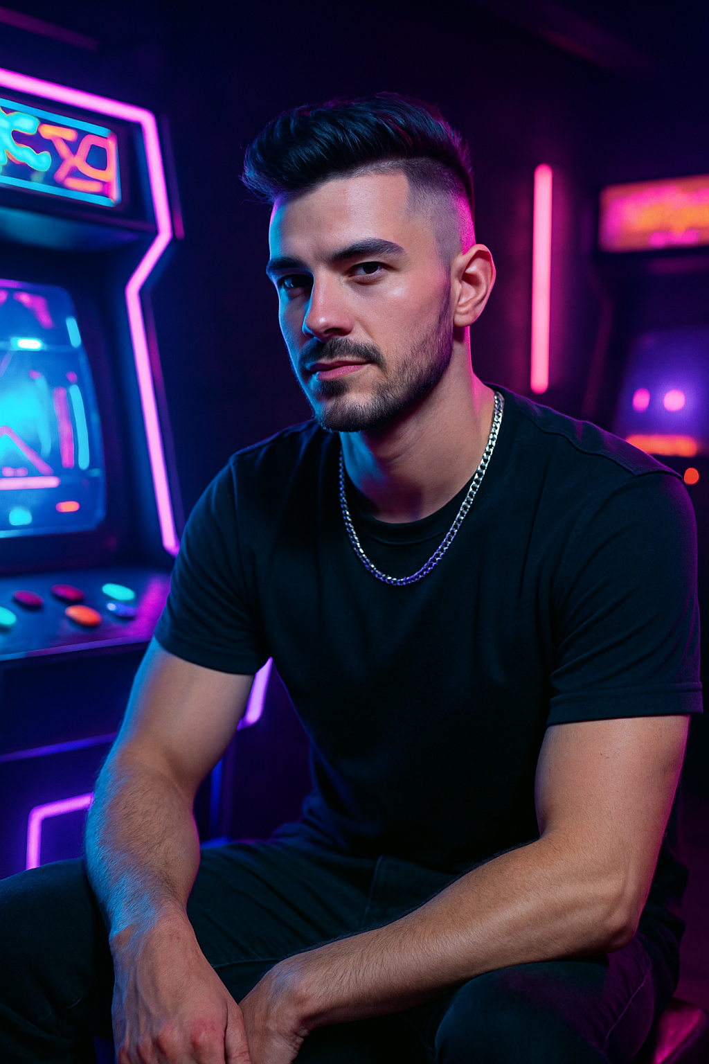 Jax Vector, laid-back host with shaved sides, silver chain, and magenta backlight in an arcade lounge