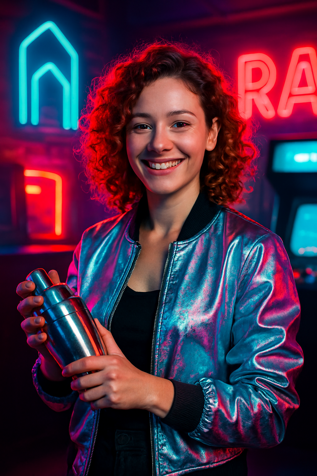 Nova Lane, smiling host with curly copper hair, holographic bomber, and cyan light reflections