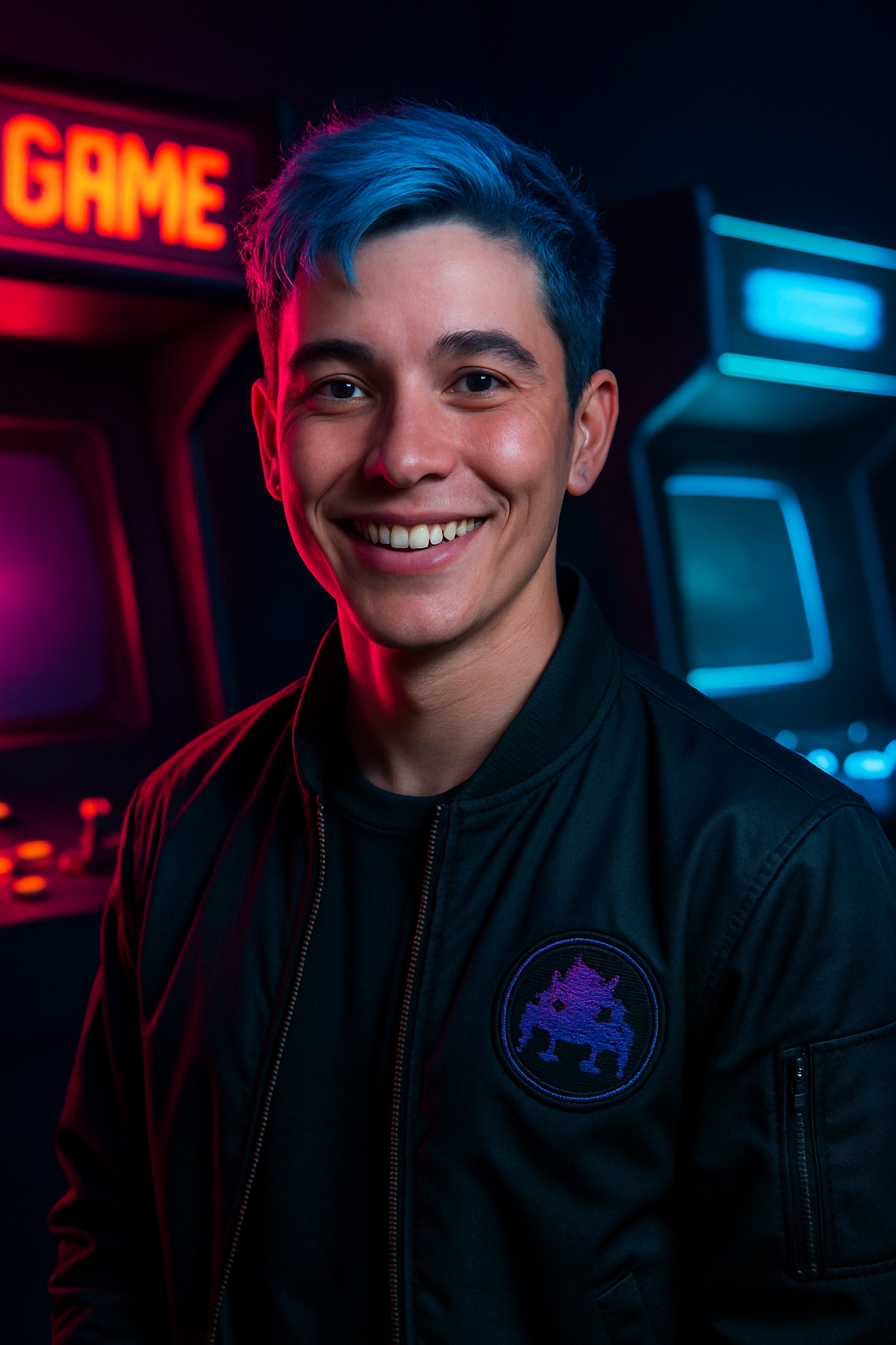 Rio Cade, expressive host with short electric-blue hair and a black arcade jacket under magenta neon light