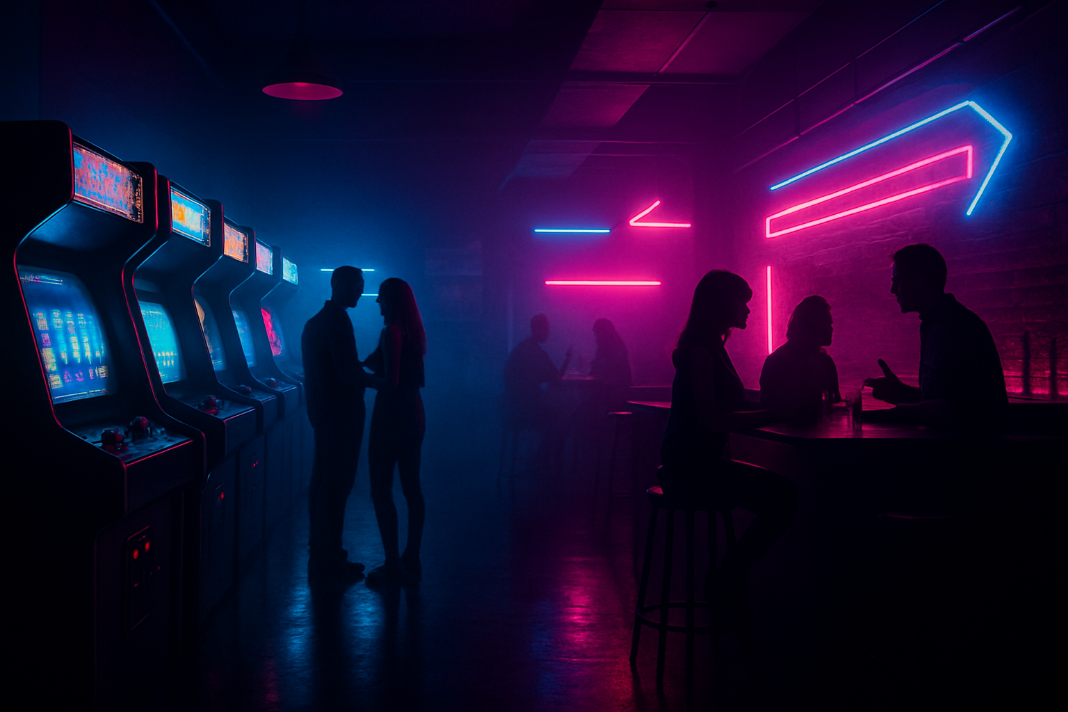 Immersive retro arcade bar interior with glowing arcade machines, magenta and cyan neon lighting, and adult nightlife atmosphere