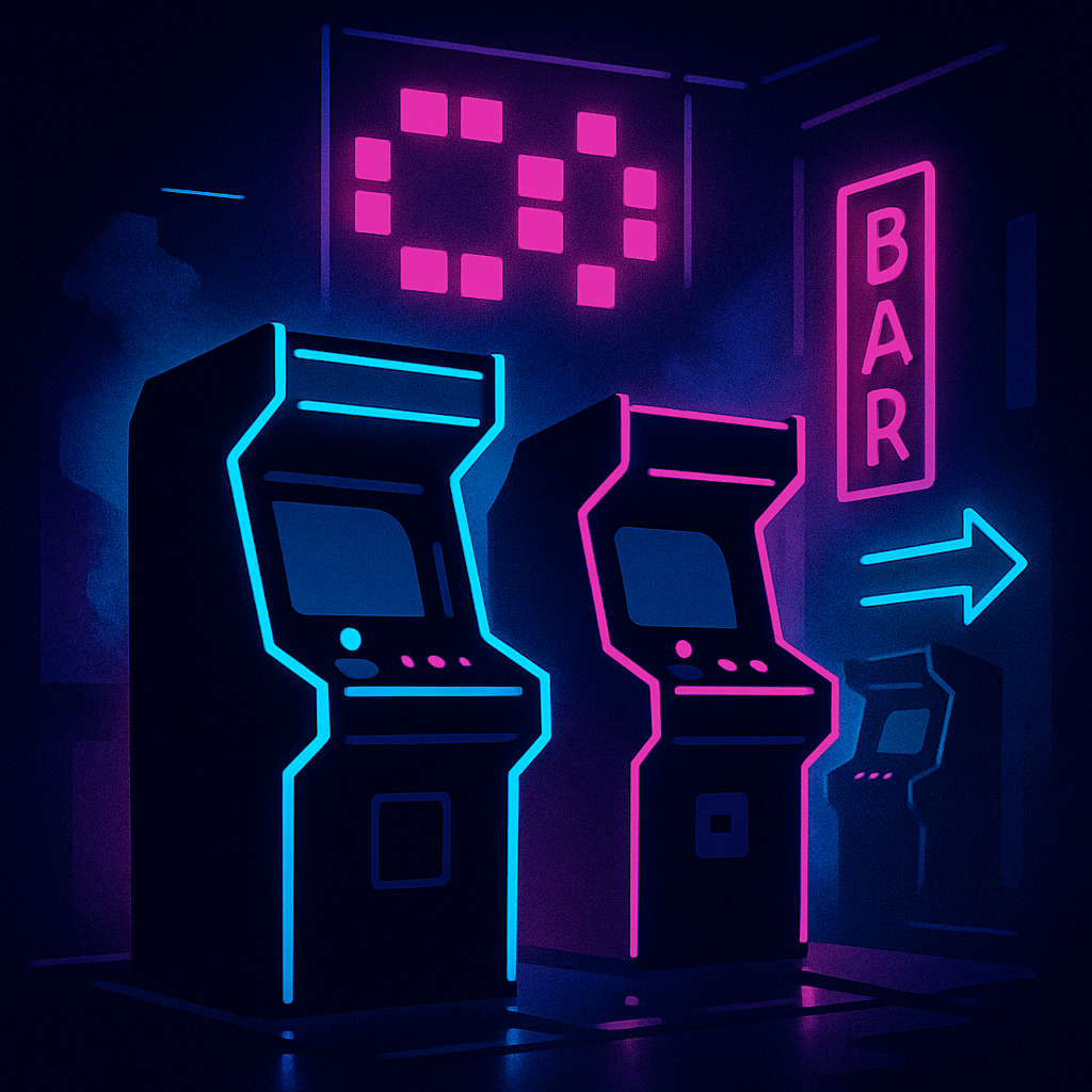 Stylized retro arcade bar interior vignette with glowing cabinets, neon magenta and cyan reflections, and a moody nightlife atmosphere