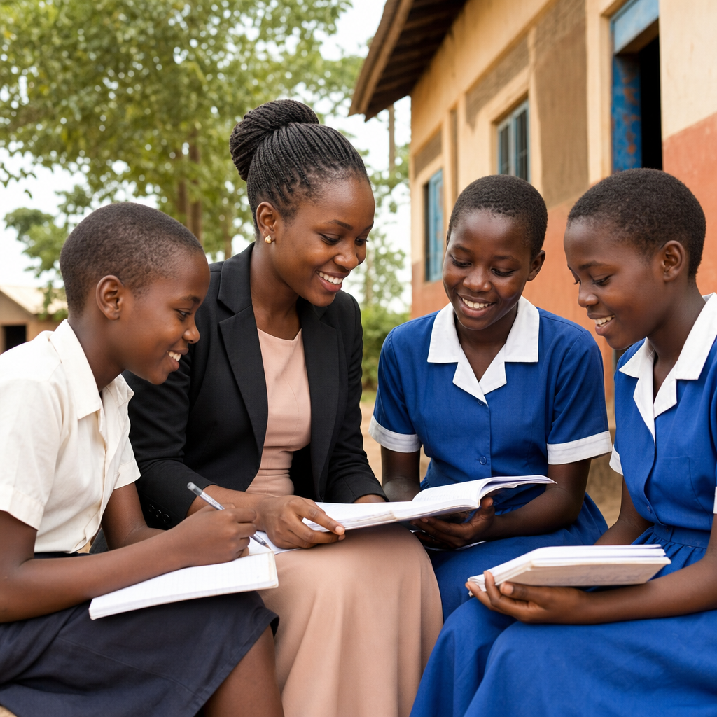 Mentor and rural schoolgirls reviewing notebooks outside a classroom in Uganda