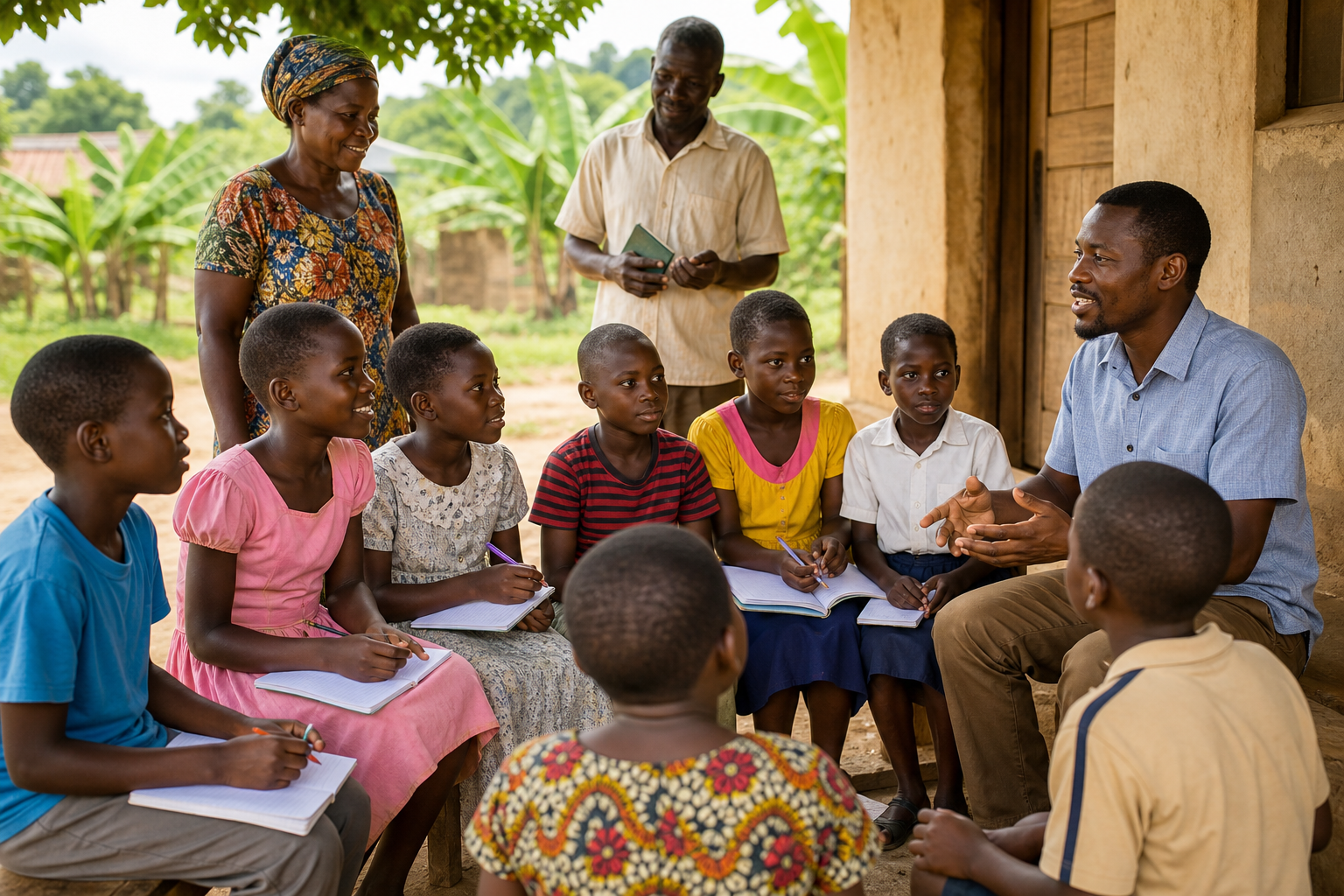Learners, caregivers, and a local mentor gathered outdoors in a hopeful Ugandan community education setting