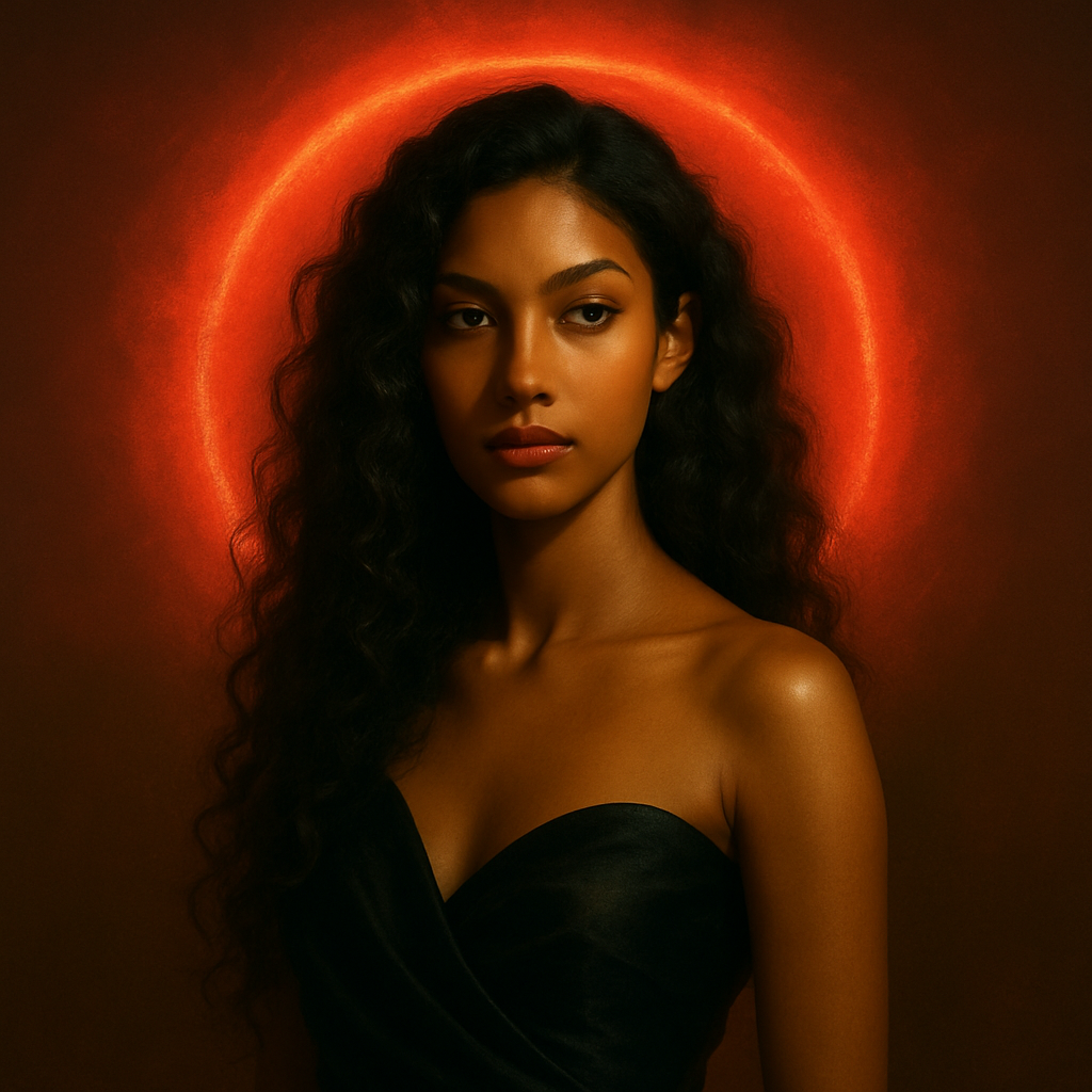 Amara — Volume Allure, collection Persuasian, halo abstrait rouge