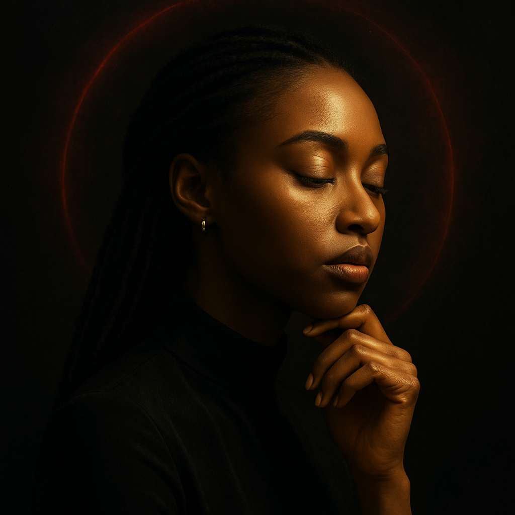 Portrait premium d'Amara en réflexion, ambiance dorée et obsidienne, lueur élégante, minimaliste, premium