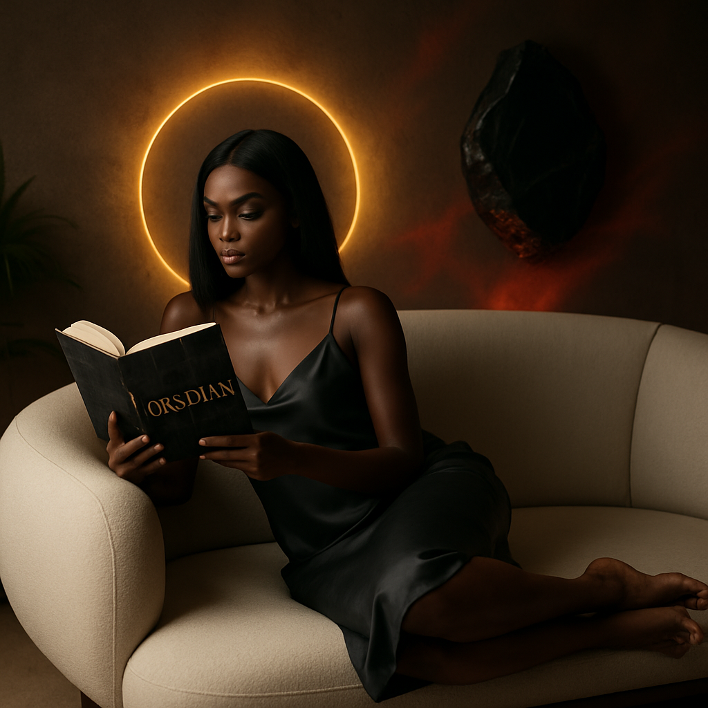 Amara allongée sur un sofa design à Bali, lisant Obsidian, ambiance élégante, premium, halo doré, obsidienne