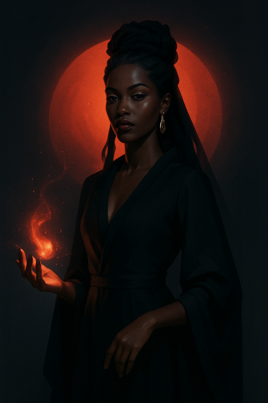 Couverture obsidienne premium de l'ebook Obsidian : femmes puissantes, métisses, inspirées de Kida, élégantes façon sorcières, sous une lune rouge néon mystérieuse, ambiance luxueuse, lueurs magiques, style premium et moderne