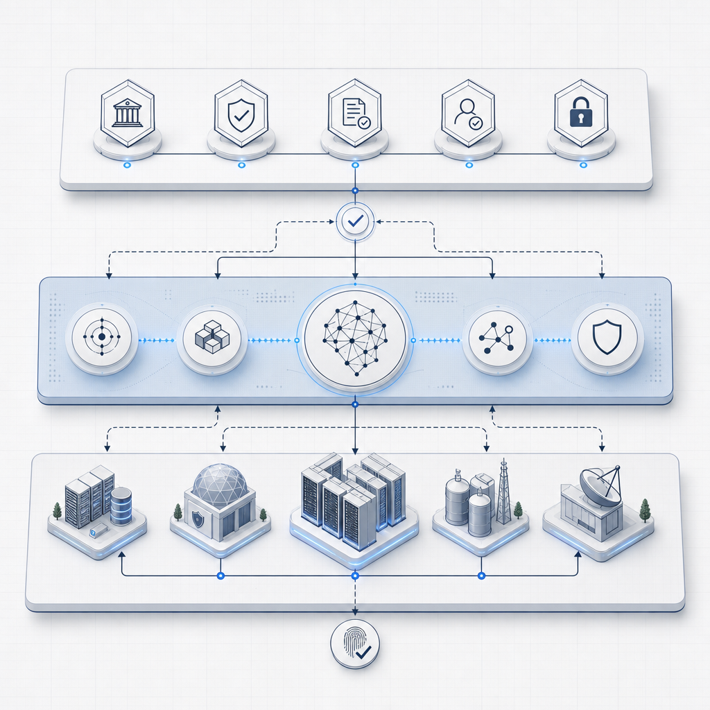 Blueprint-style enterprise architecture diagram showing three separated platform layers, secure node clusters, controlled routing lines, and governance verification checkpoints