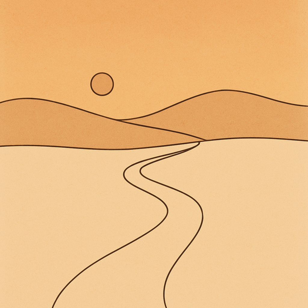 Minimalist line-art of a winding path or horizon, evoking a journey through gentle hills at dusk