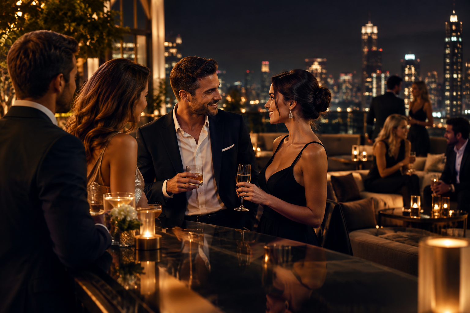 Elegant adults in sophisticated evening attire in a premium lounge with warm cinematic lighting, non-explicit atmosphere