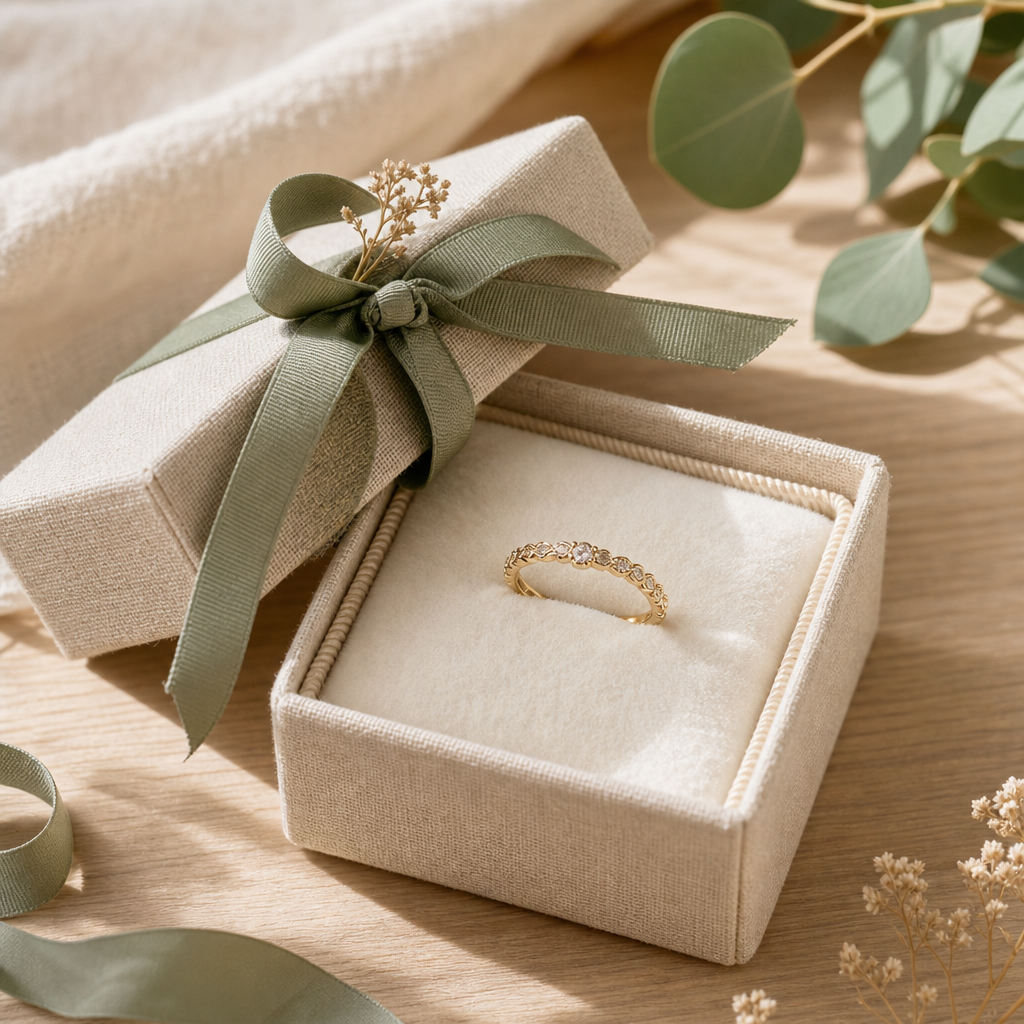 Open jewelry box with a delicate gold ring on a cotton pad and a sage ribbon tied around the lid
