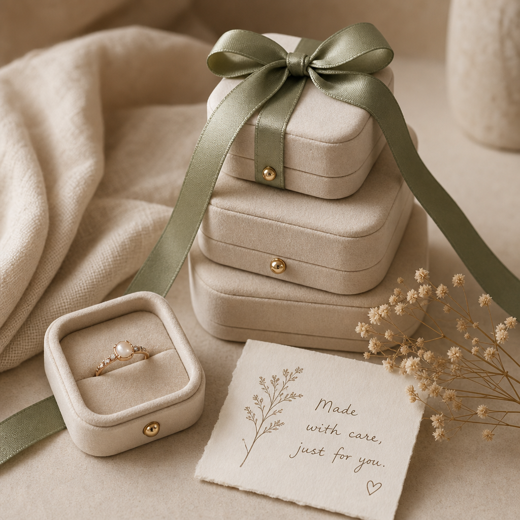 Stacked jewelry boxes with a handwritten note card and dried floral sprig on a warm tabletop