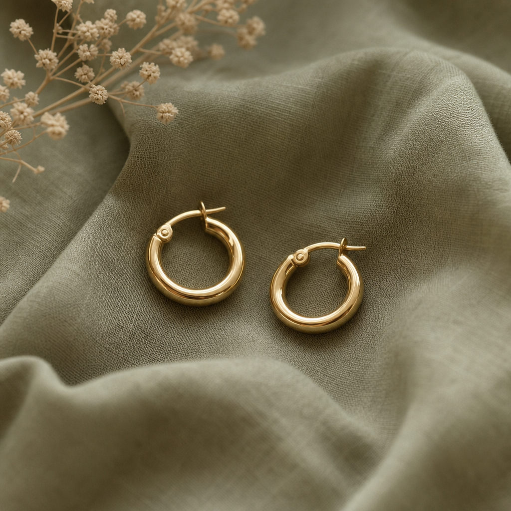 Small gold hoop earrings resting on sage green fabric