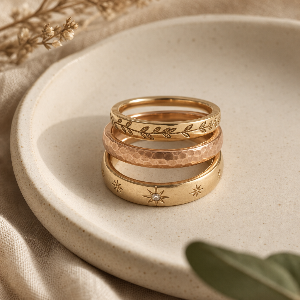 Stacked artisan rings with subtle engraving on a ceramic tray