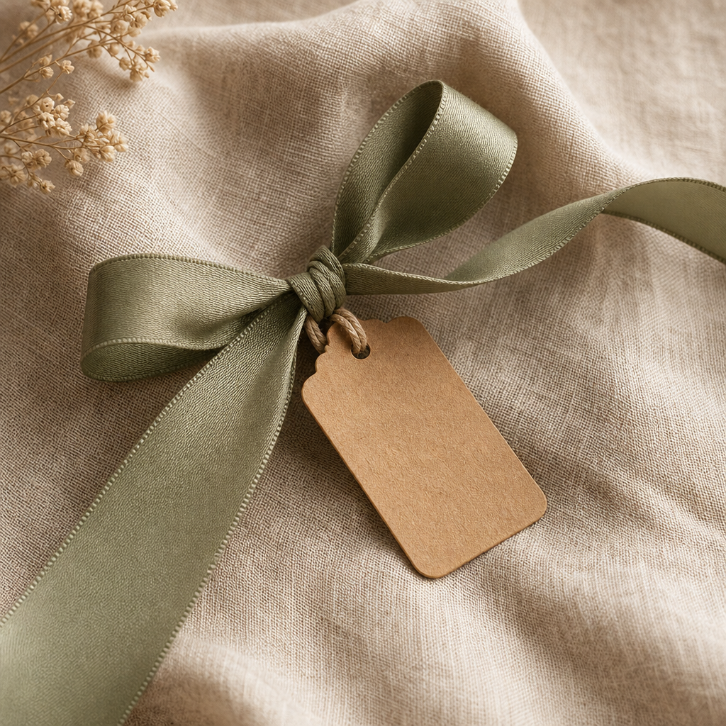 Close-up of soft sage ribbon and kraft gift tag resting on neutral linen fabric