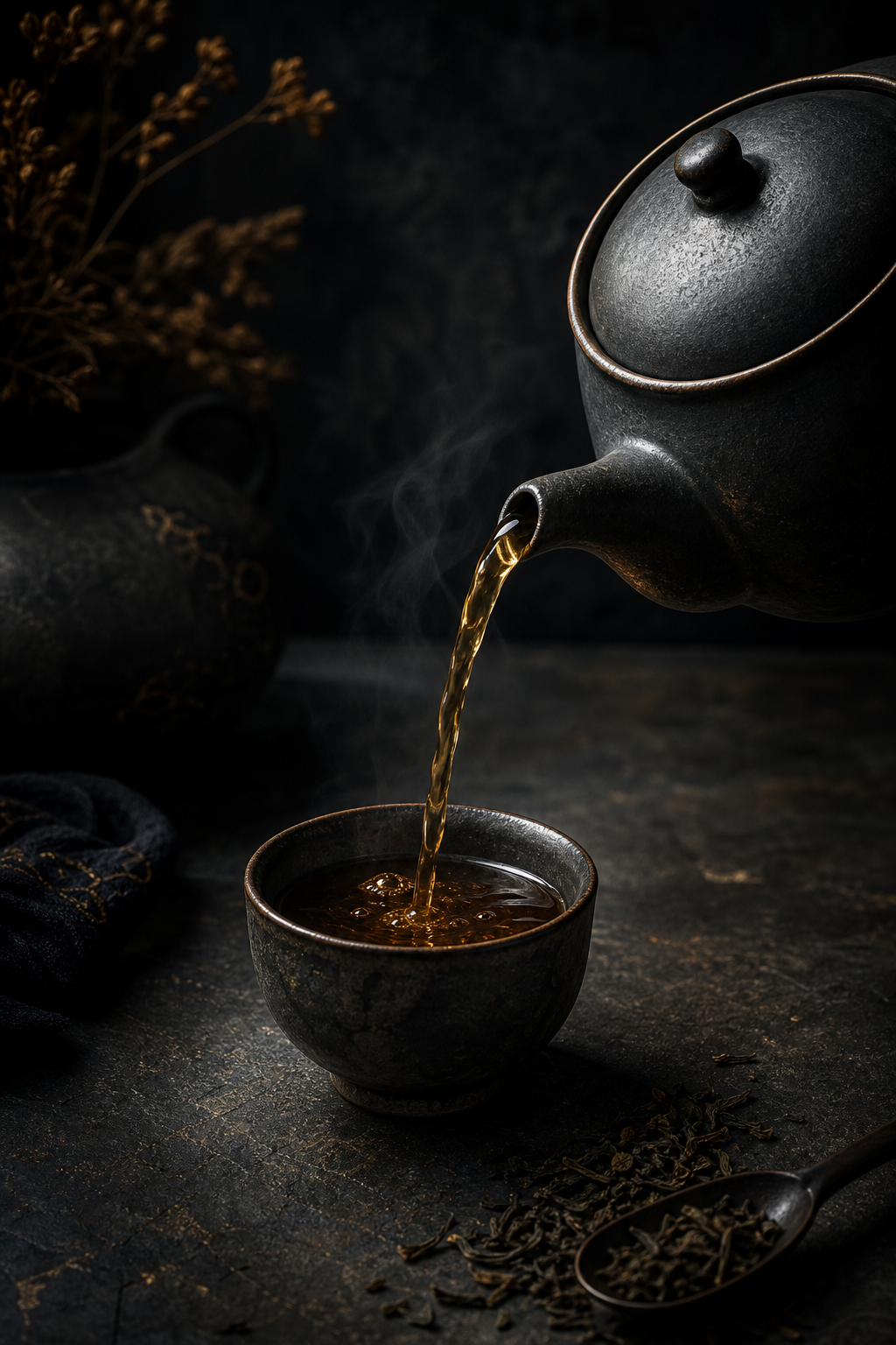 Tea still life with a teapot pouring tea into a cup