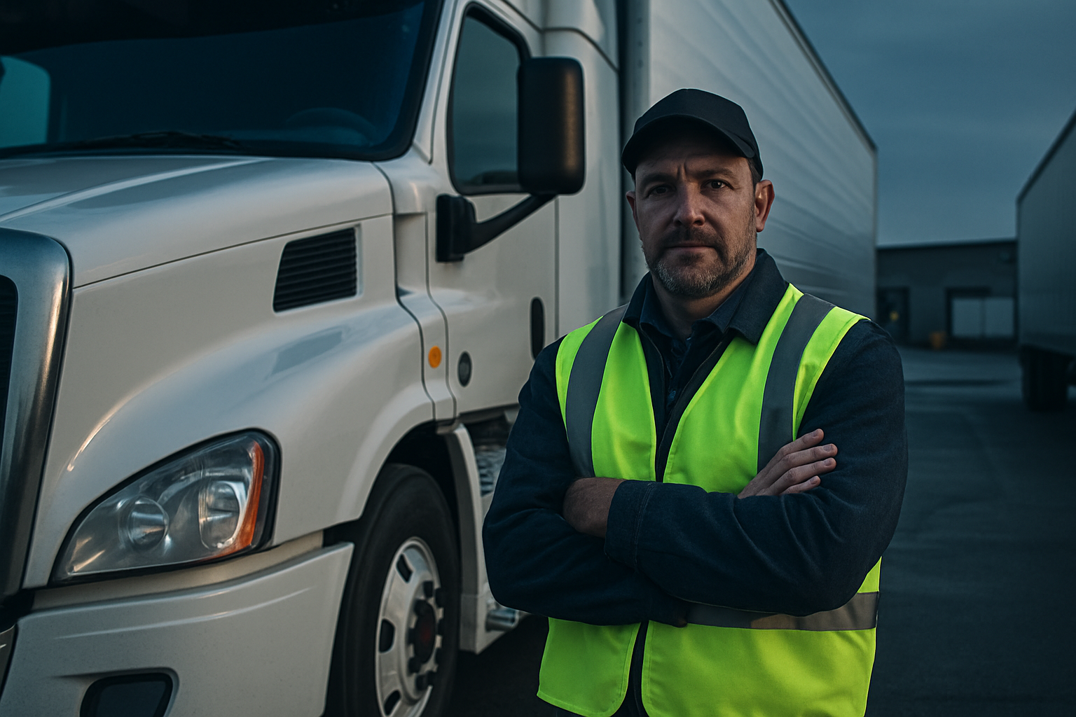 Confident long-haul truck driver in safety vest standing beside a modern refrigerated semi-truck at a freight yard during early morning dispatch