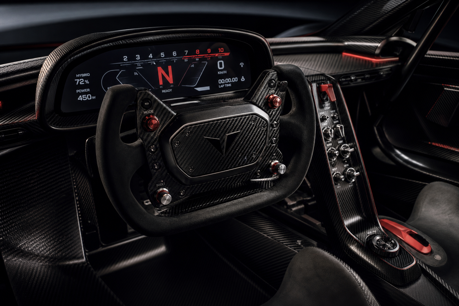 VELOCITY R9 cockpit macro detail with carbon monocoque surfaces, compact steering controls, digital performance interface and precision-machined switchgear with red UI highlights