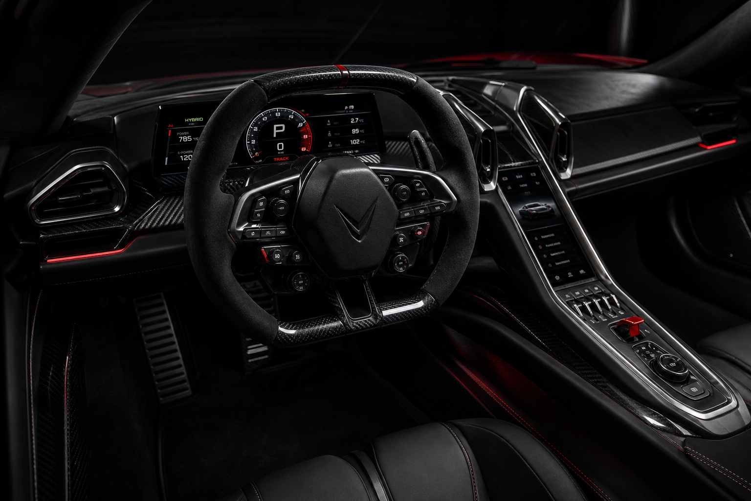Driver cockpit detail image showing VELOCITY R9 steering wheel and digital interface