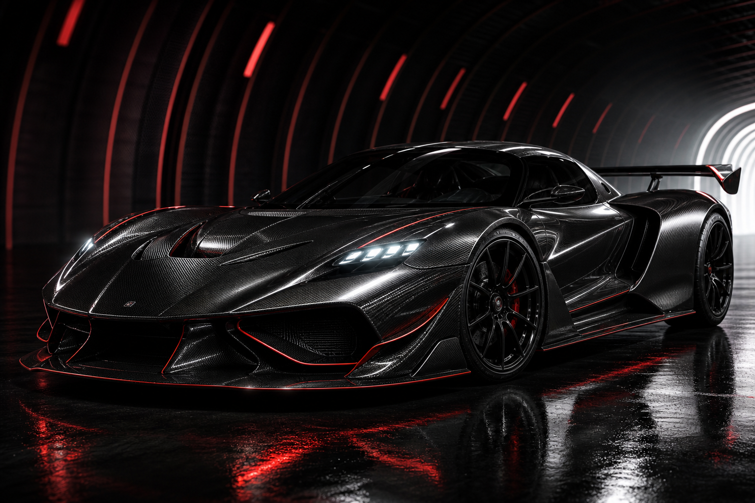 VELOCITY R9 front three-quarter view in a dark studio tunnel, low stance, sharp LED signature, carbon splitter and hood channels highlighted by restrained red tracing