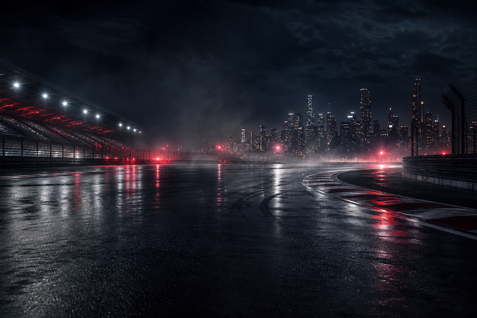 Deep night racetrack environment with wet asphalt reflections, distant city lights, and cinematic atmospheric haze
