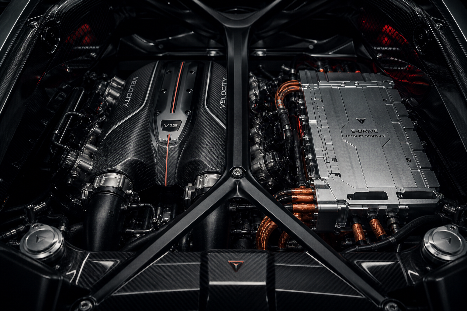Hybrid powertrain detail image showing VELOCITY R9 engine and electric system