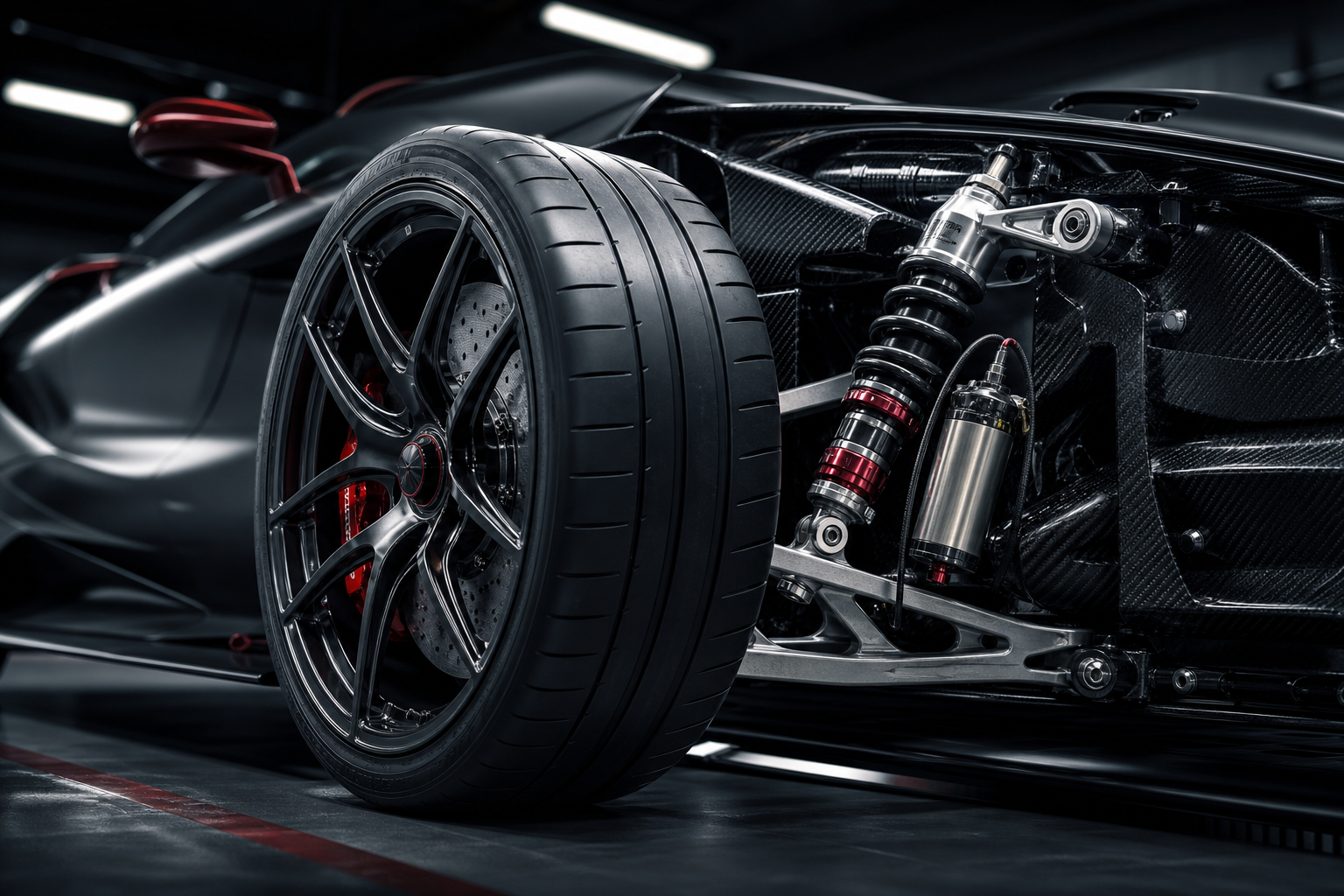 Intelligent suspension detail image with VELOCITY R9 wheel and damper assembly