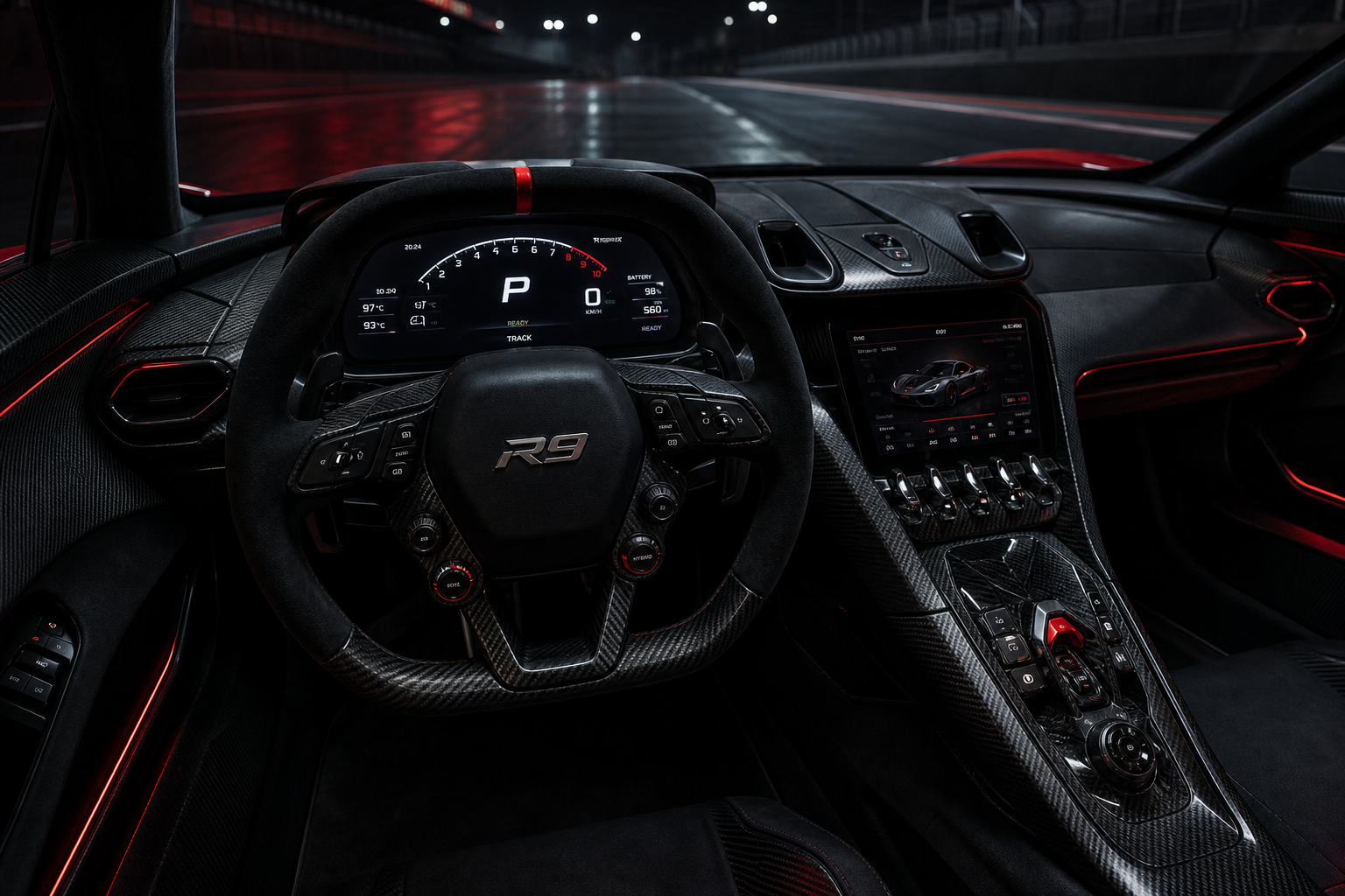 Driver-focused cockpit dashboard of VELOCITY R9 with digital cluster and performance controls