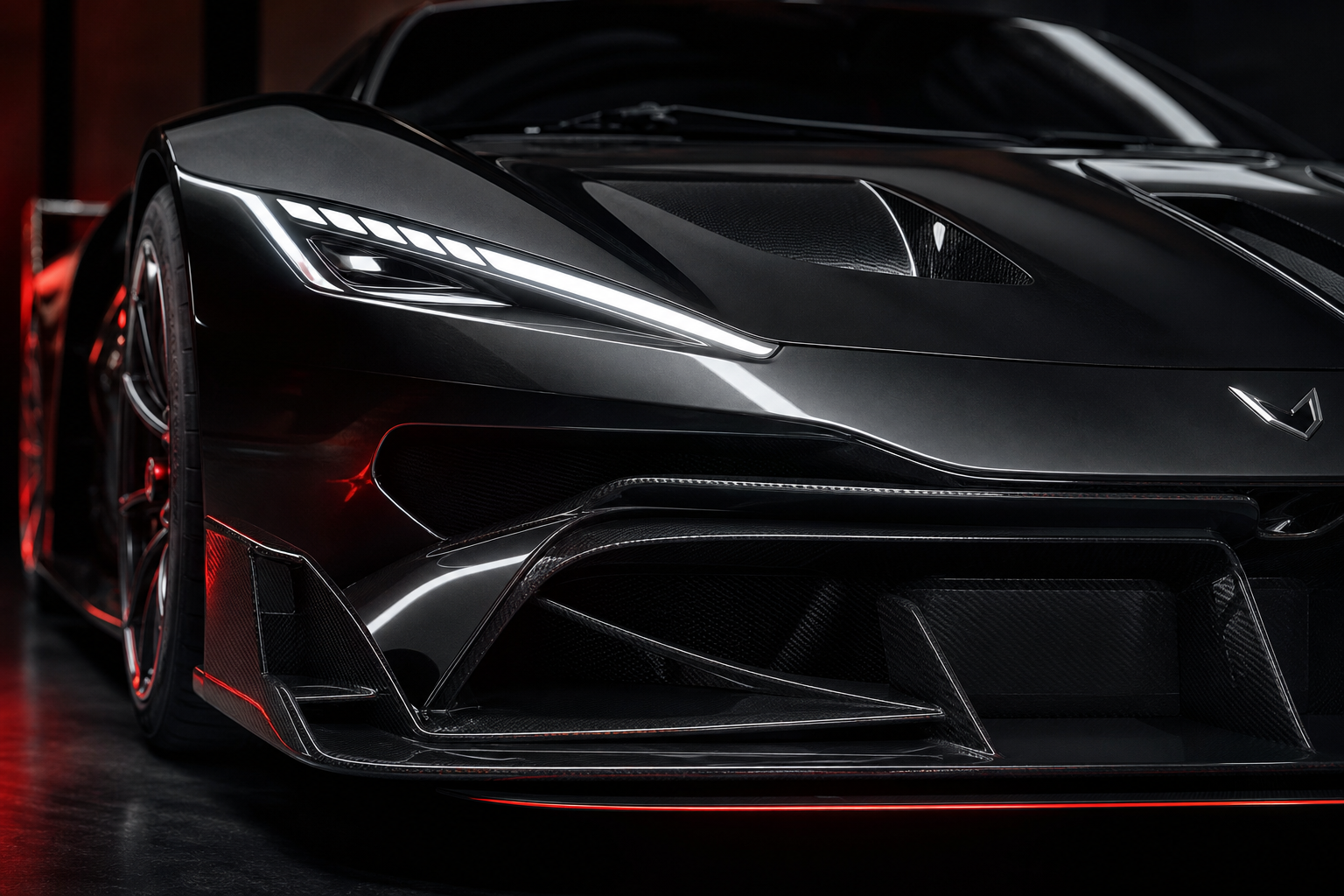 Close front-quarter detail of VELOCITY R9 showing splitter, intake and LED signature