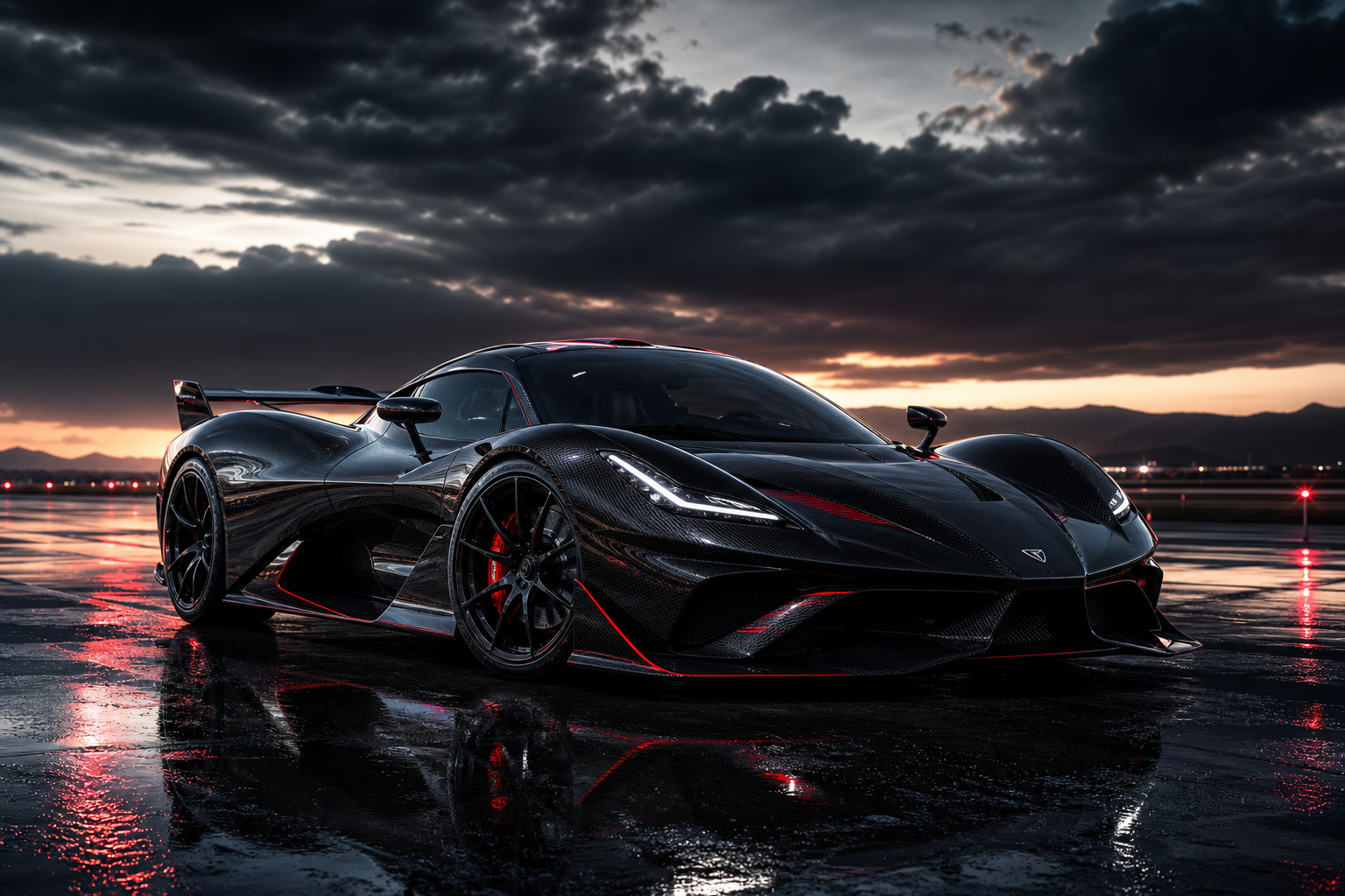 VELOCITY R9 hero exterior in dramatic low light on a wet runway