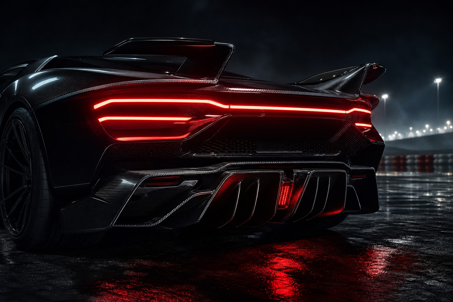 Night rear lighting signature of VELOCITY R9 with illuminated blade-style taillights