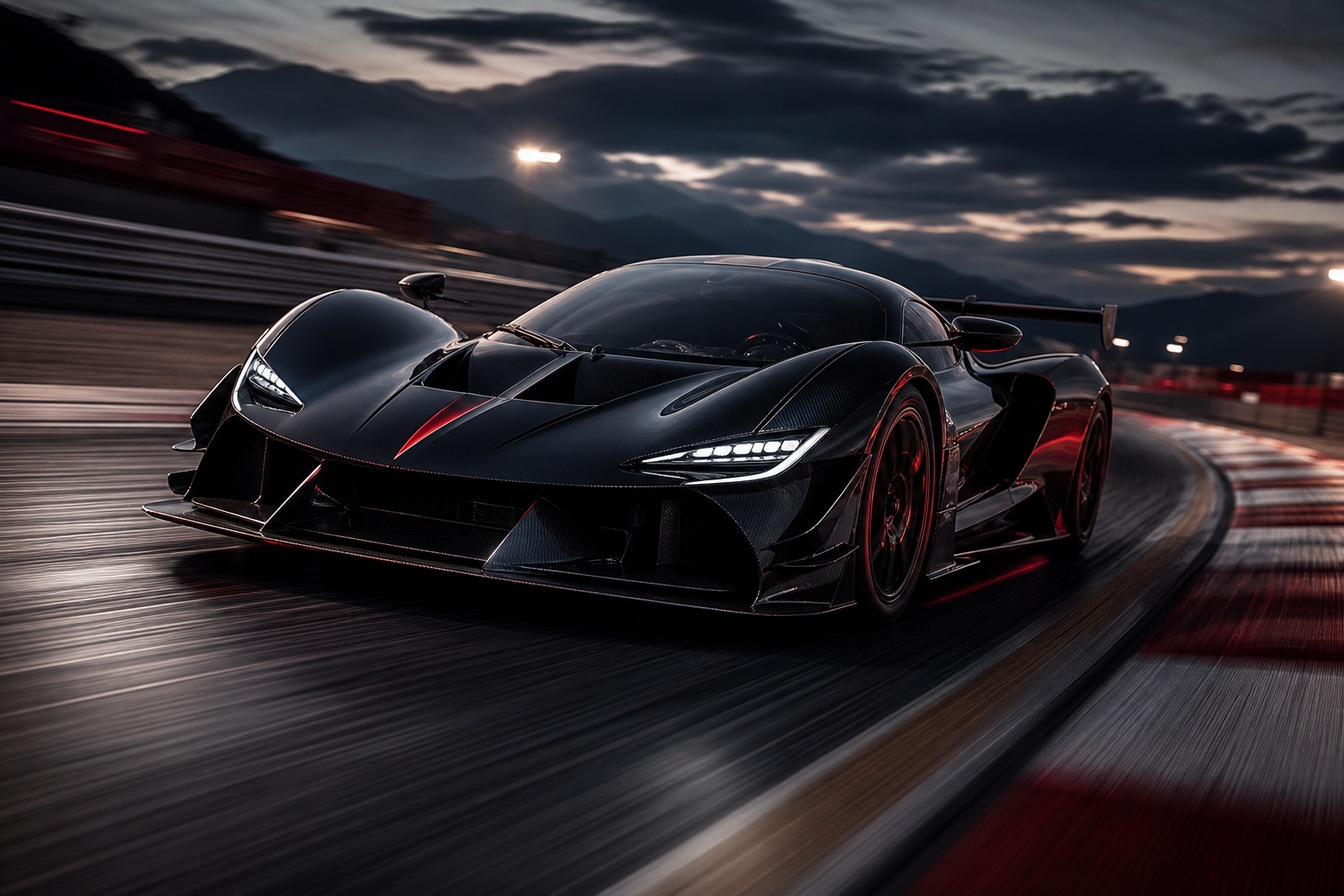 VELOCITY R9 in high-speed track motion with blurred barriers and dynamic evening light