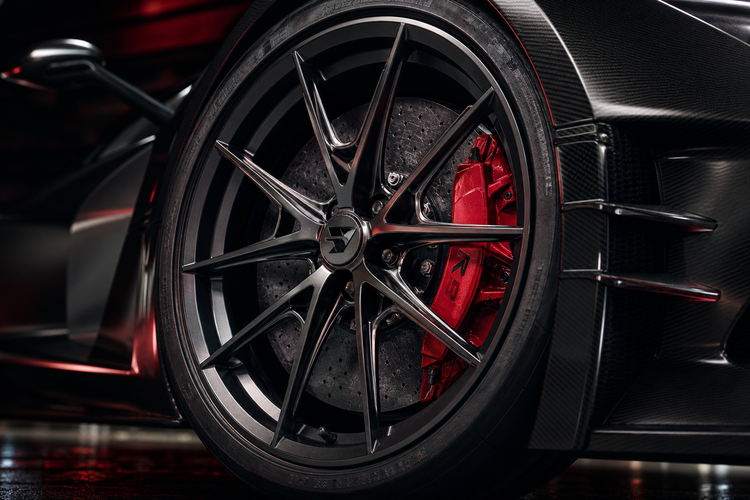 Forged wheel and carbon-ceramic brake detail of VELOCITY R9 with red caliper accent