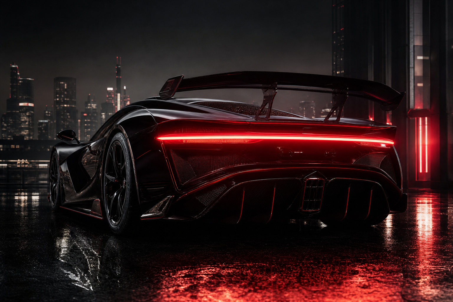 VELOCITY R9 rear night-light composition with luminous taillight blade, exposed diffuser geometry and active aero fins in a rain-glossed urban dark setting