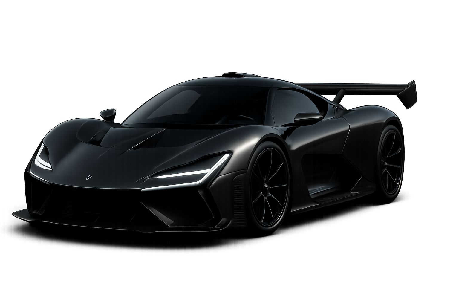 VELOCITY R9 hybrid supercar in a front three-quarter hero stance with carbon bodywork highlights and dramatic night reflections