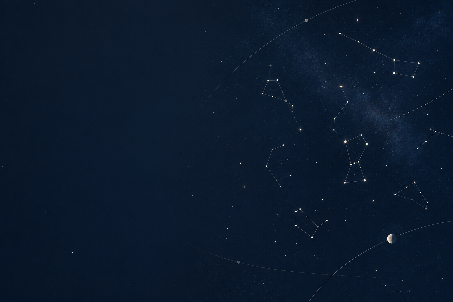 Subtle star chart illustration with fine constellation lines and orbital arcs on a calm deep-space field