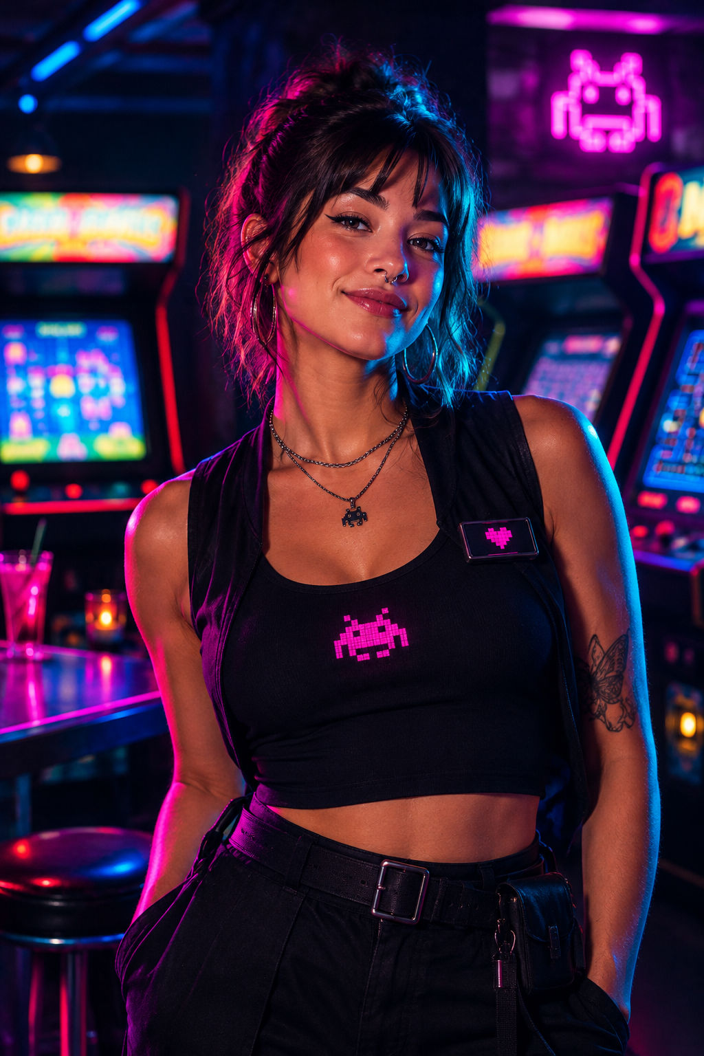 Maya portrait in neon-lit arcade bar setting