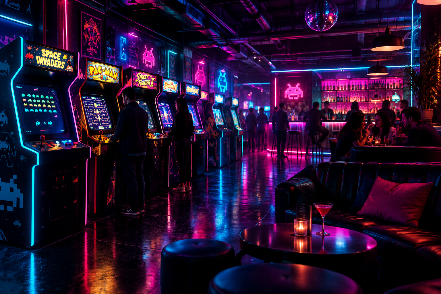 Moody retro arcade bar interior with glowing game machines, subtle light haze, and lounge seating full of late-night social energy