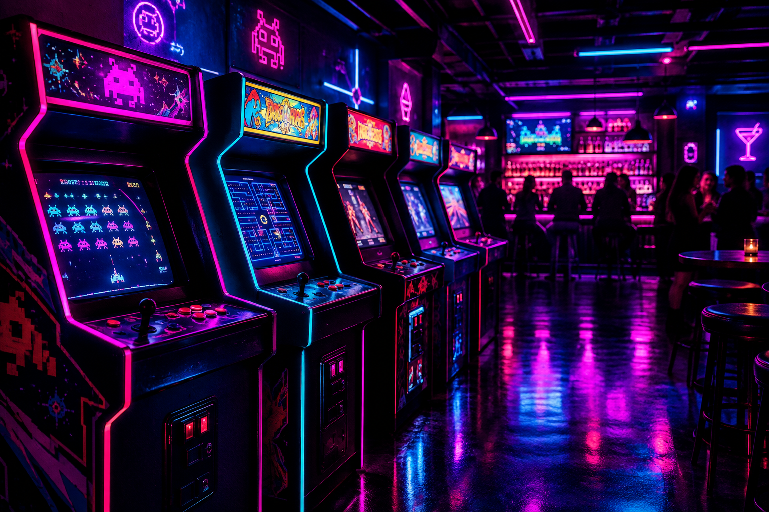glowing arcade cabinet row with reflections and nightlife ambiance